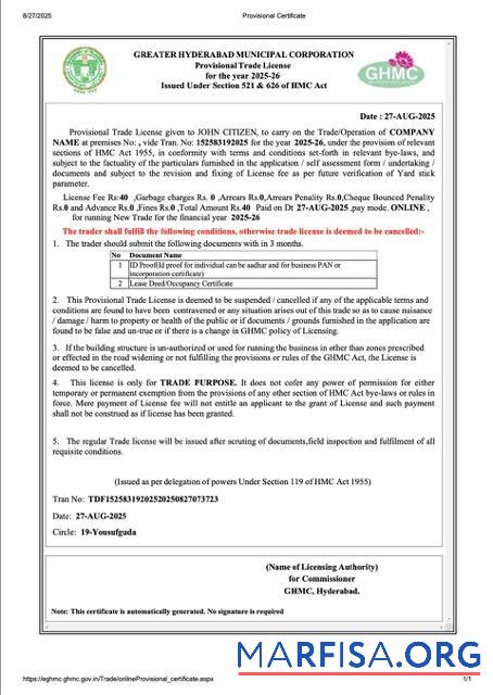 Realistic India Hyderabad provisional trade license Word and PDF template